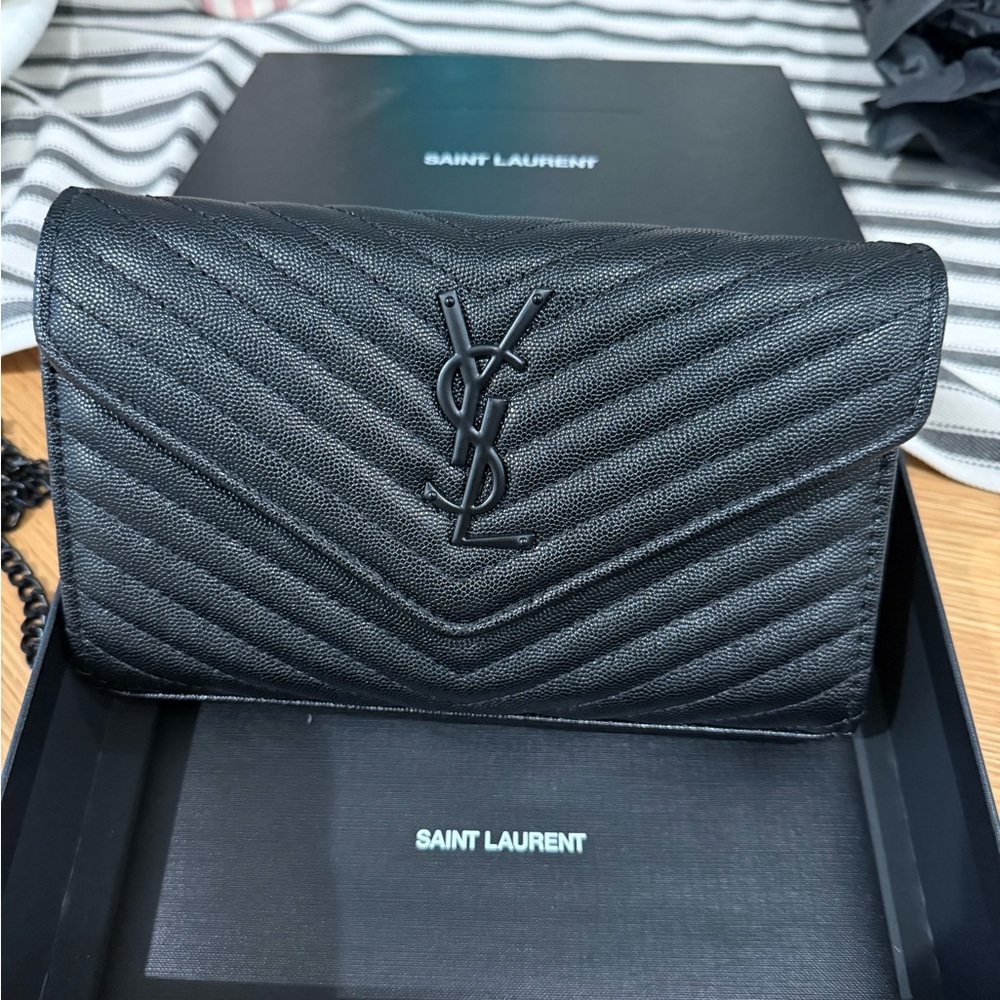 Saint Laurent Black Chevron Chain Wallet